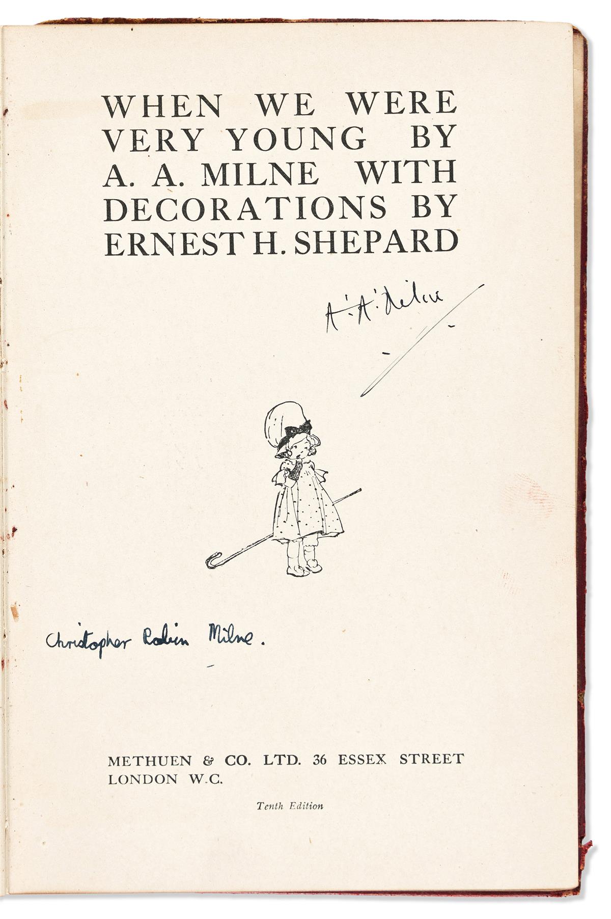 MILNE, A.A.; AND CHRISTOPHER ROBIN. When We Were Very Young. Signed by both (A:A: Milne or Christopher Robin Milne), on the title-p